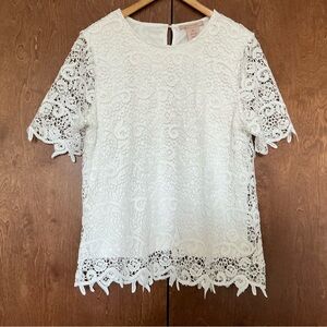 Philosophy White Lace Overlay Top Shirt Short Sleeve Feminine Coquette Size L